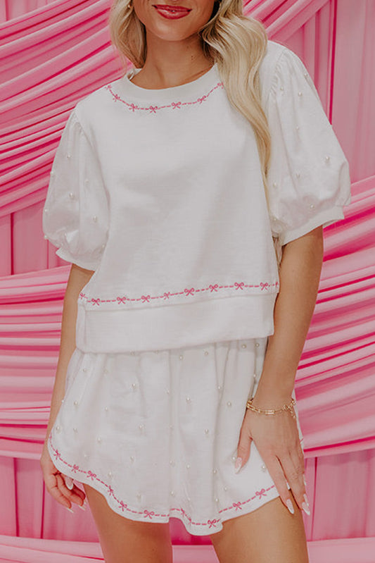 White Contrast Bow Trim Pearl Puff Sleeve Blouse and Skort 2pcs Set-Two Piece Sets/Short Sets-[Adult]-[Female]-White-S-2022 Online Blue Zone Planet