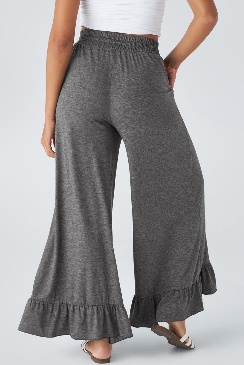 Medium Grey Ruffled Wide Leg Pull On High Waist Pants with Pockets-Bottoms/Pants & Culotte-[Adult]-[Female]-2022 Online Blue Zone Planet