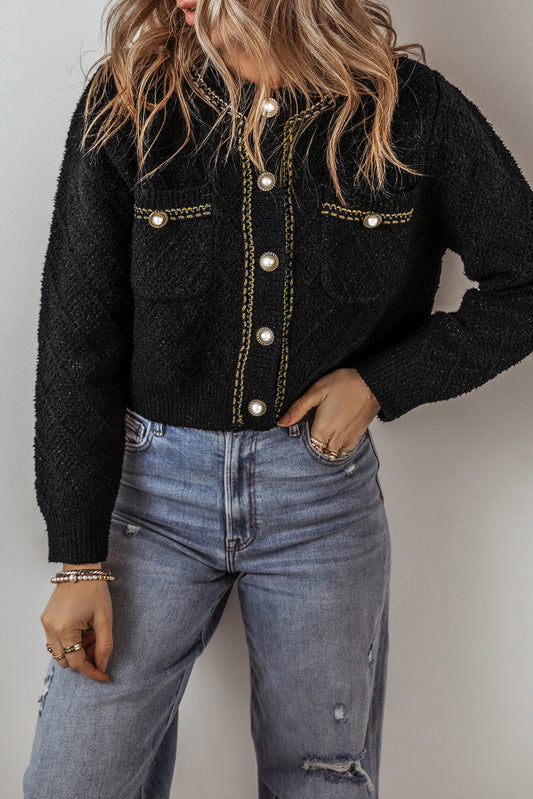 Black Shimmer Flap Pocket Button Up Cardigan-Sweaters & Cardigans/Cardigans-[Adult]-[Female]-Black-S-2022 Online Blue Zone Planet