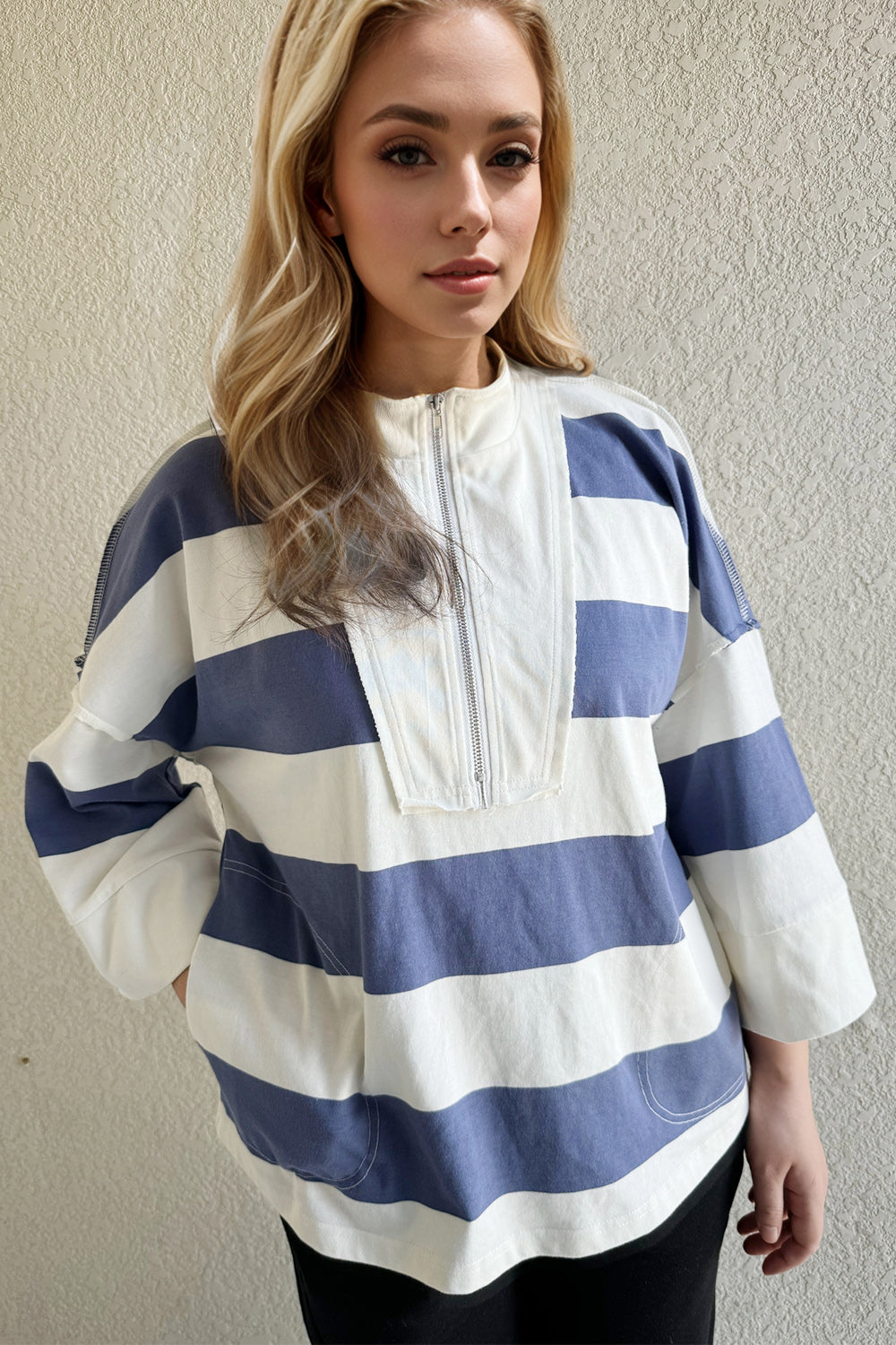 Oh Pima Cotton Wash Striped Half Zip Mock Neck Long Sleeve Top-TOPS / DRESSES-[Adult]-[Female]-2022 Online Blue Zone Planet