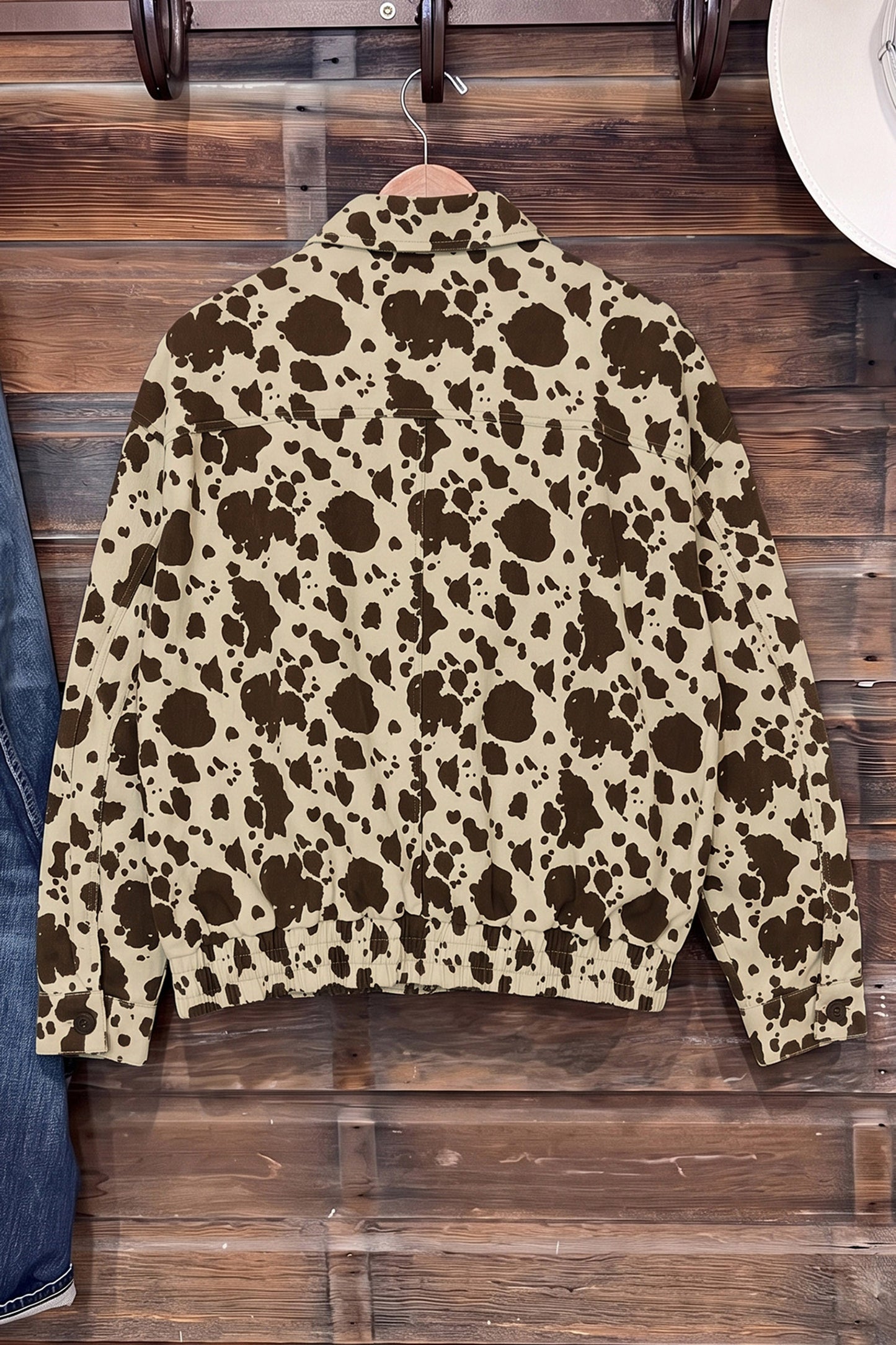Brown Western Cow Print Cargo Pocket Denim Jacket-Outerwear/Denim jackets-[Adult]-[Female]-2022 Online Blue Zone Planet