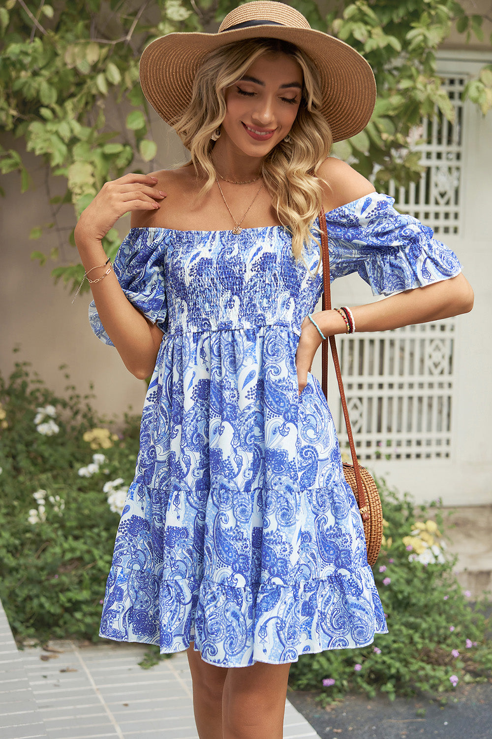 Smocked Printed Flounce Sleeve Mini Dress BLUE ZONE PLANET