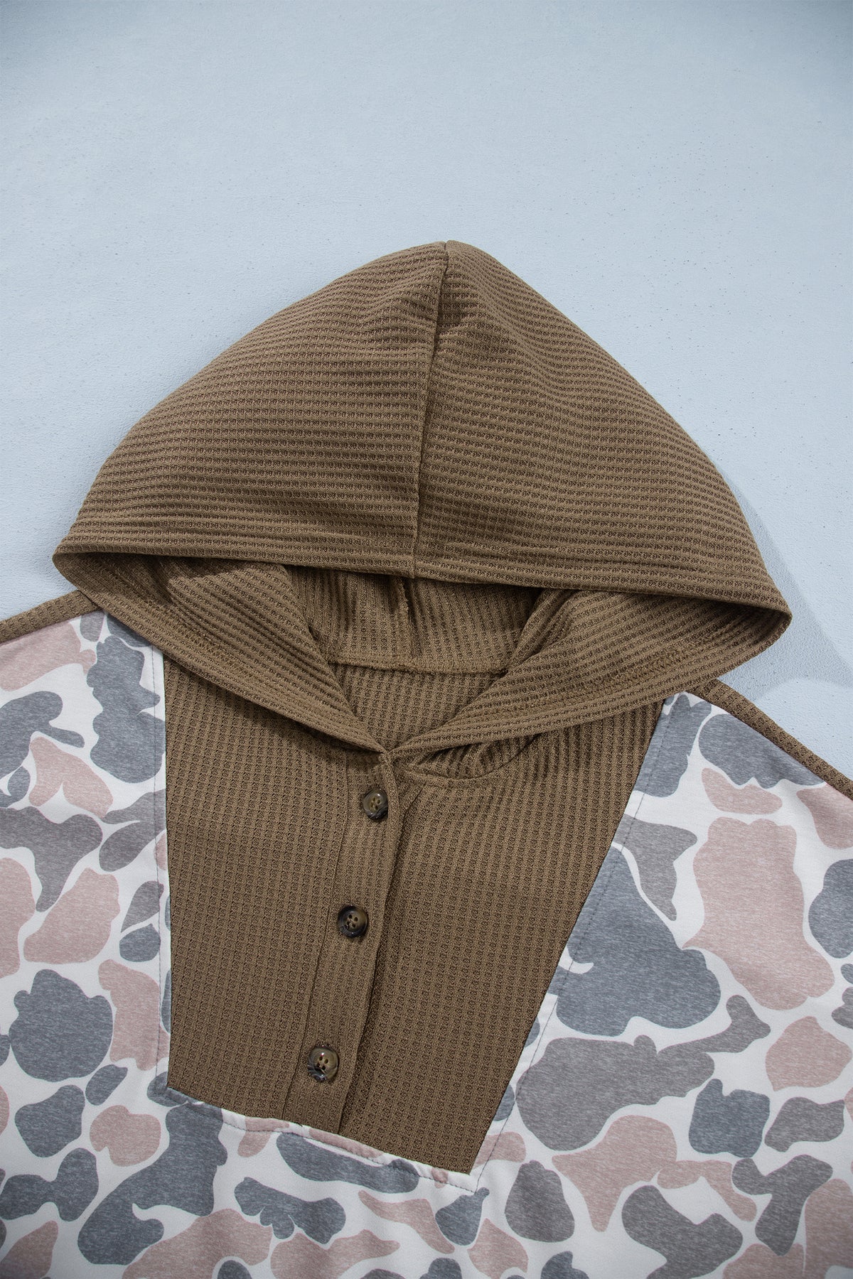 Khaki Camouflage Print Waffle Knit Patchwork Half Zip Plus Size Hoodie