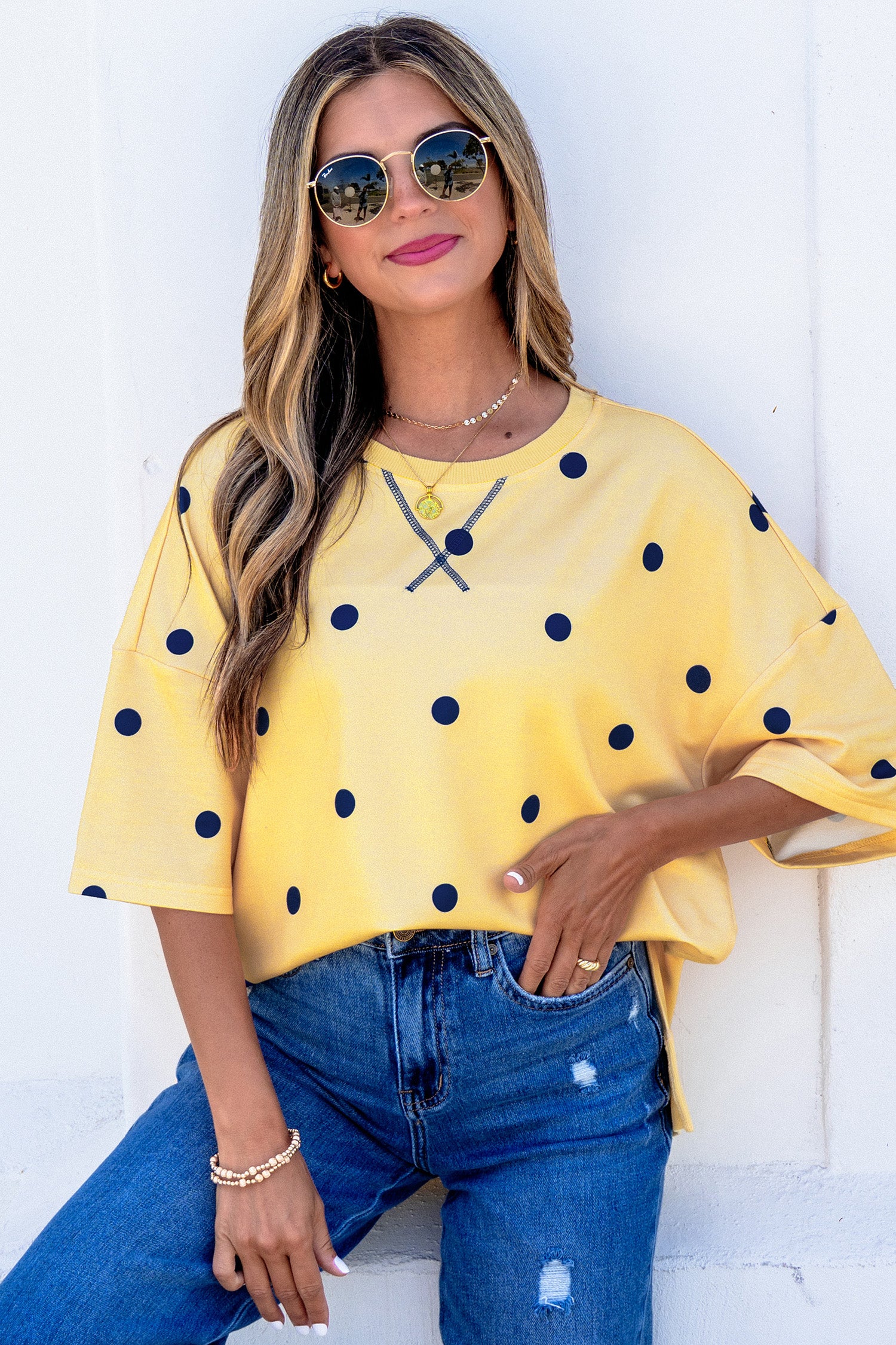 Yellow Polka Dot Print Crossed Seam Detail Oversize Tee-Tops/Tops & Tees-[Adult]-[Female]-2022 Online Blue Zone Planet