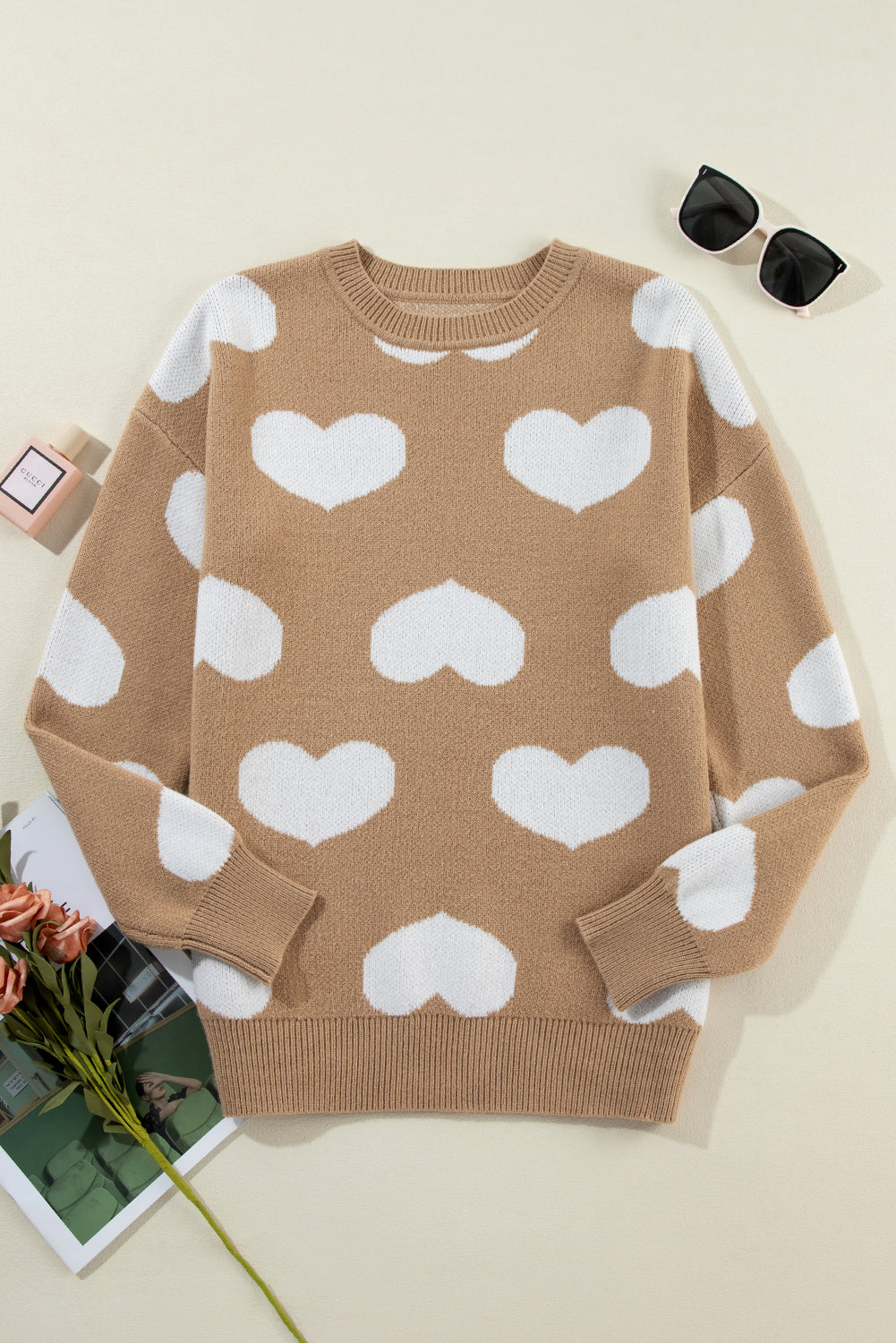 Blue Zone Planet | Khaki Heart Pattern Round Neck Sweater-Sweaters-[Adult]-[Female]-2022 Online Blue Zone Planet