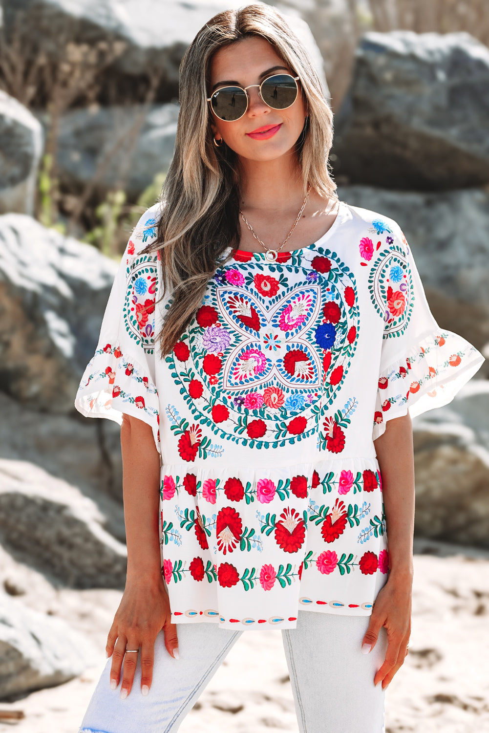 White Boho Floral Print Round Neck Ruffle Trim Blouse-Tops/Blouses & Shirts-[Adult]-[Female]-2022 Online Blue Zone Planet