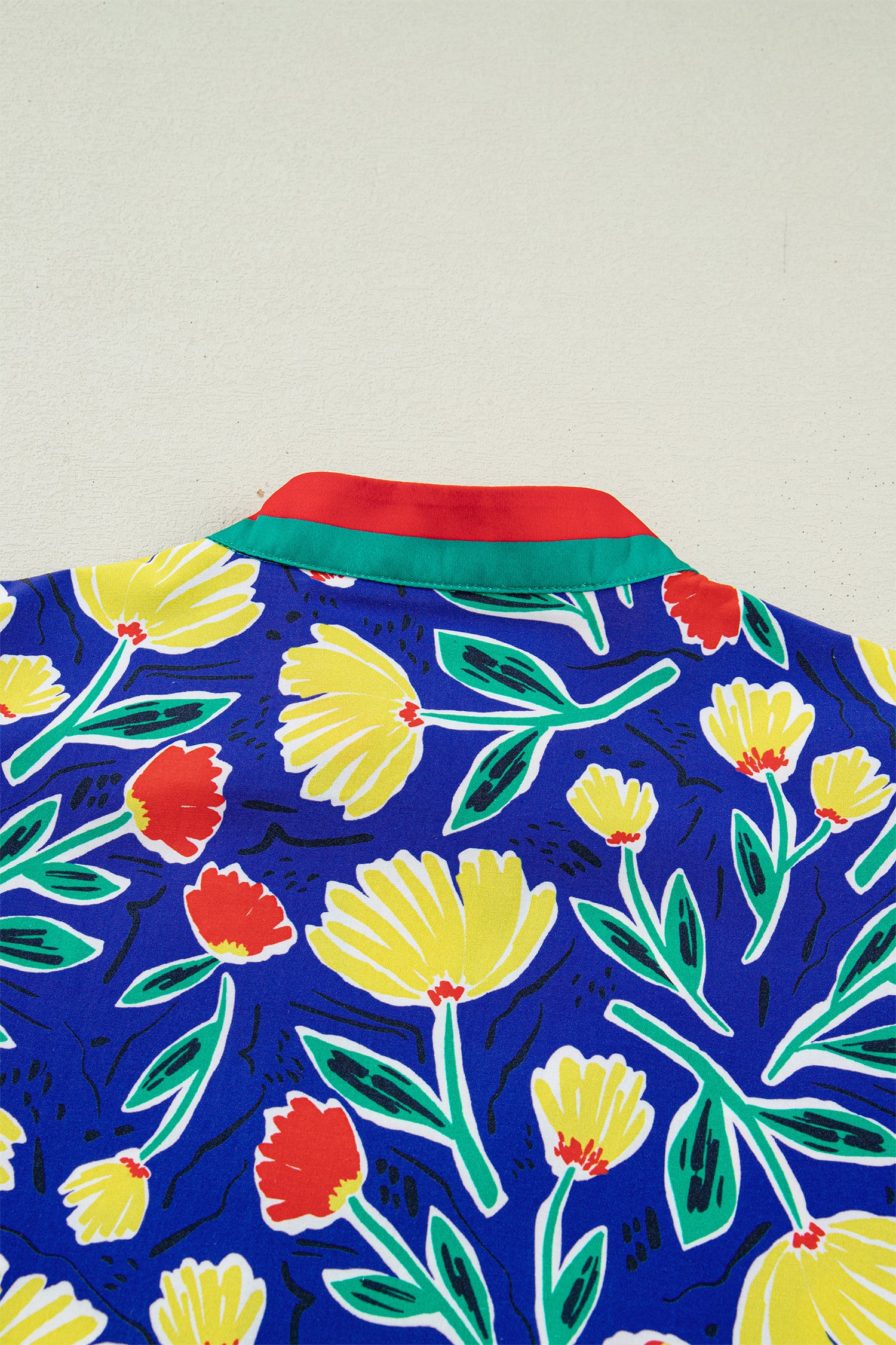 Blue Wild Floral Printed Contrast Striped Patchwork V Neck Short Sleeve Blouse-Tops/Blouses & Shirts-[Adult]-[Female]-2022 Online Blue Zone Planet