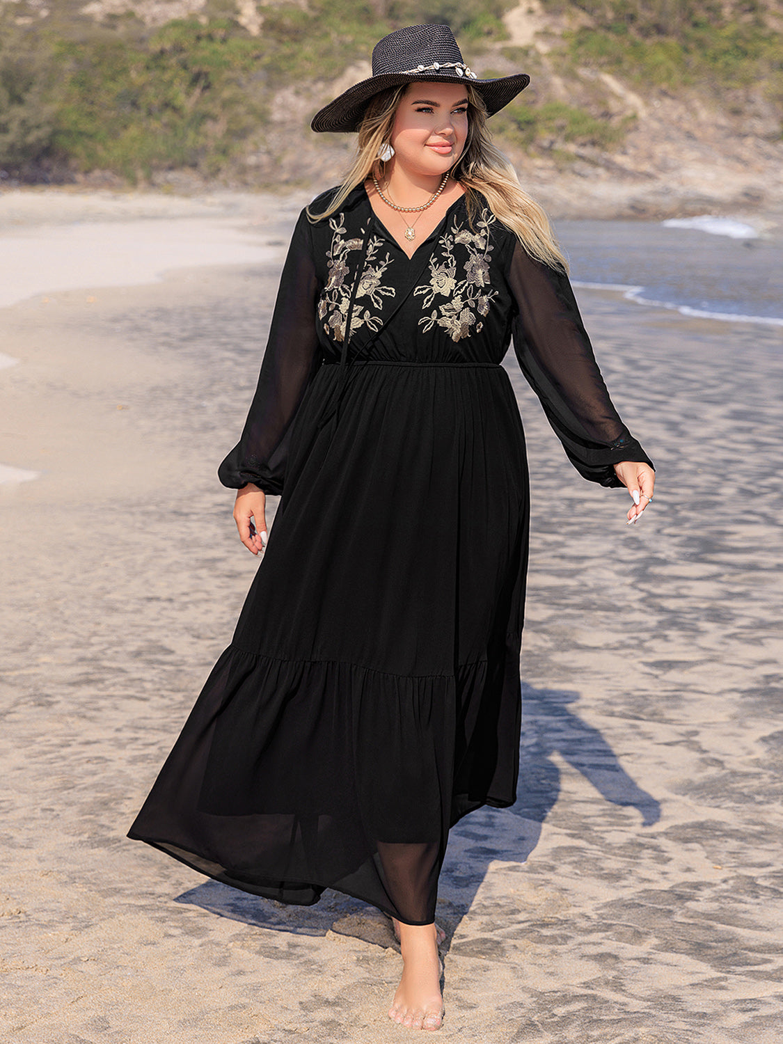 Blue Zone Planet | Plus Size Embroidered Tie Neck Long Sleeve Dress-TOPS / DRESSES-[Adult]-[Female]-2022 Online Blue Zone Planet