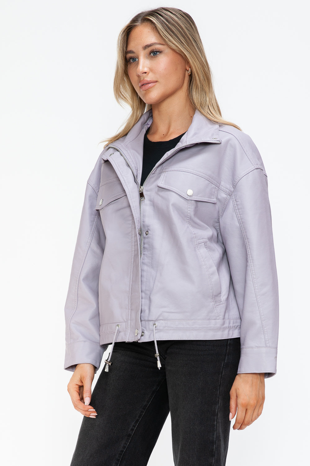 Blue Zone Planet | How Dare U Drawstring Hem PU Leather Zip Up Jacket-TOPS / DRESSES-[Adult]-[Female]-2022 Online Blue Zone Planet