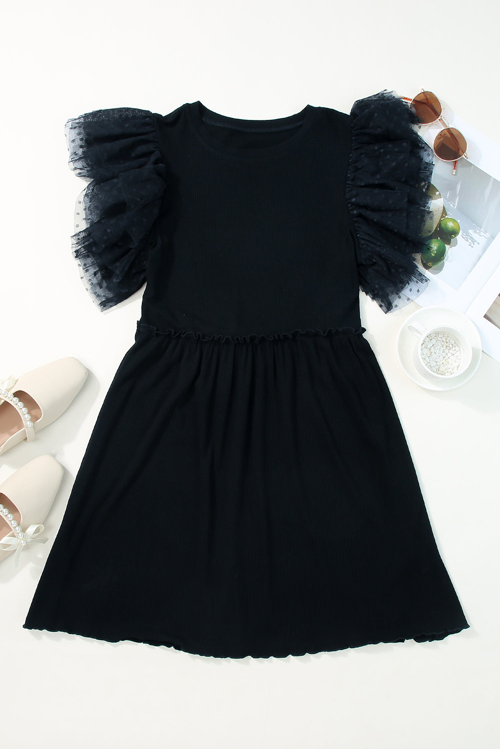 Black Dotty Mesh Ruffle Sleeve Ribbed Knit Babydoll Mini Dress-Dresses/Mini Dresses-[Adult]-[Female]-2022 Online Blue Zone Planet