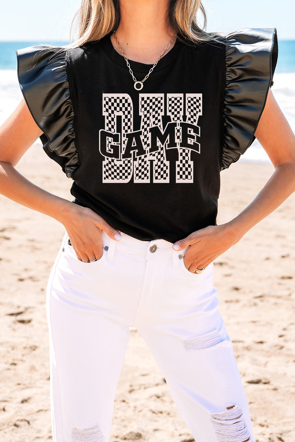 Black Game Day Checkered Letter Graphic Leatherette Ruffle Sleeve Top-Graphic/Graphic Tees-[Adult]-[Female]-2022 Online Blue Zone Planet