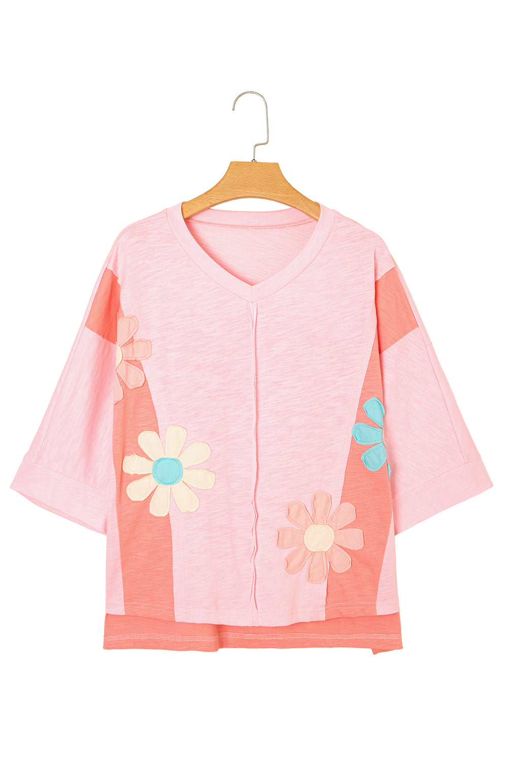 Pink Flower Patched Exposed Seam Bracelet Sleeve Oversized T Shirt-Bracelet-[Adult]-[Female]-2022 Online Blue Zone Planet