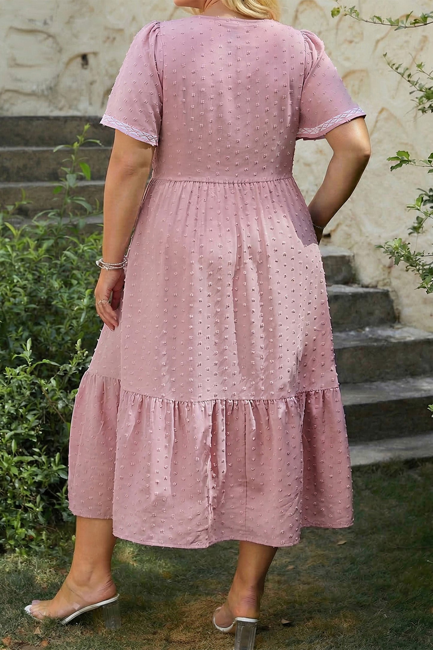 Pink Plus Size Swiss Dot Short Sleeve Smocked High Waist Flowy Midi Dress-TOPS / DRESSES-[Adult]-[Female]-2022 Online Blue Zone Planet