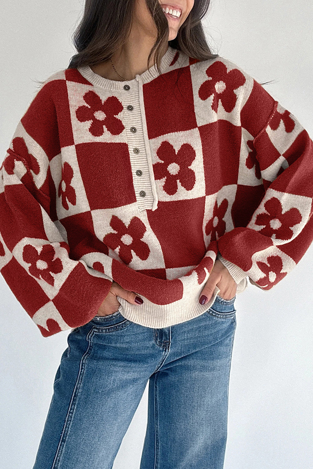Thai Curry Flower Plaid Henley Baggy Sweater-TOPS / DRESSES-[Adult]-[Female]-Red Dahlia-S-2022 Online Blue Zone Planet