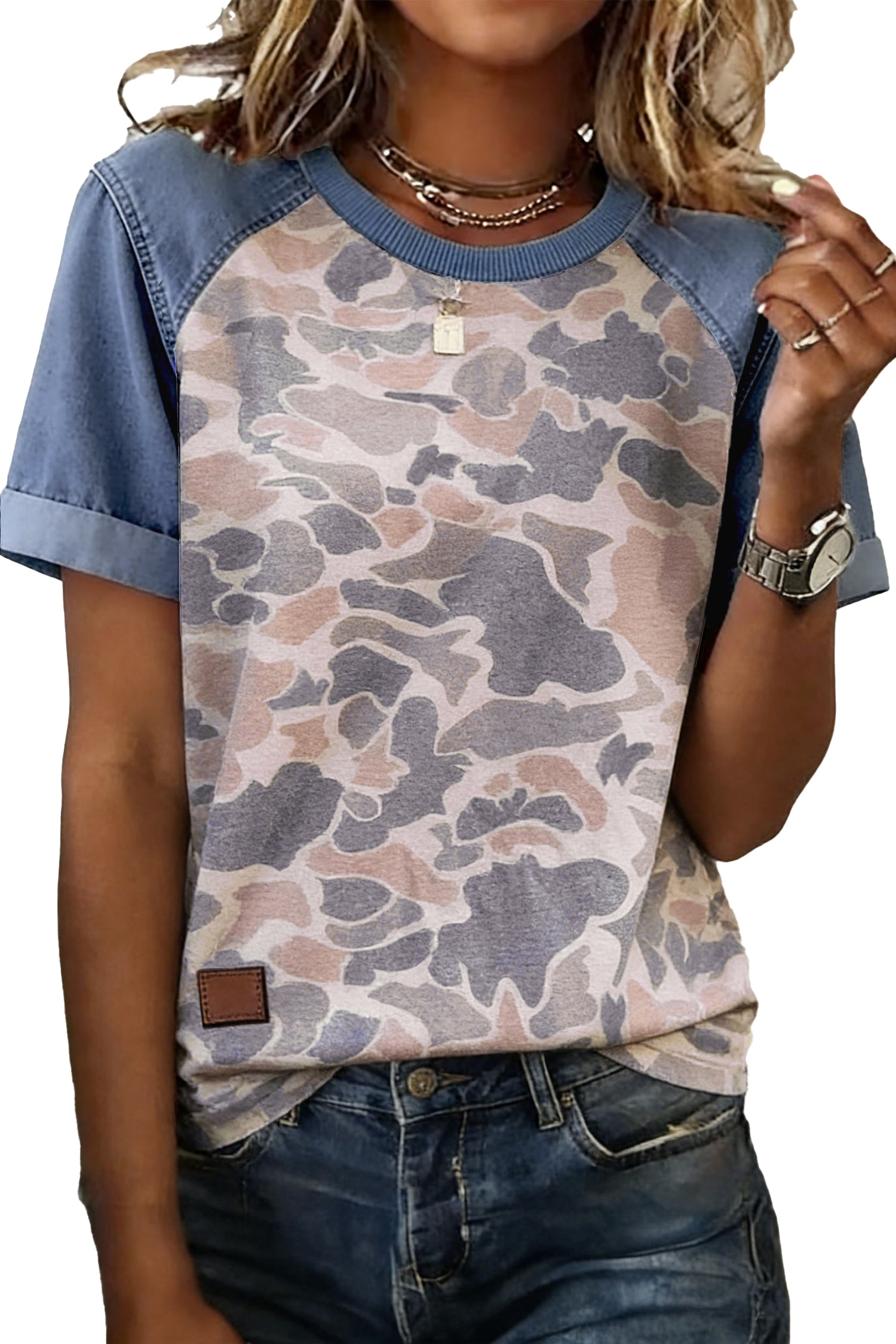 Multicolour Camouflage Print Denim Color Block Sleeve Casual Tee-Tops/Tops & Tees-[Adult]-[Female]-2022 Online Blue Zone Planet