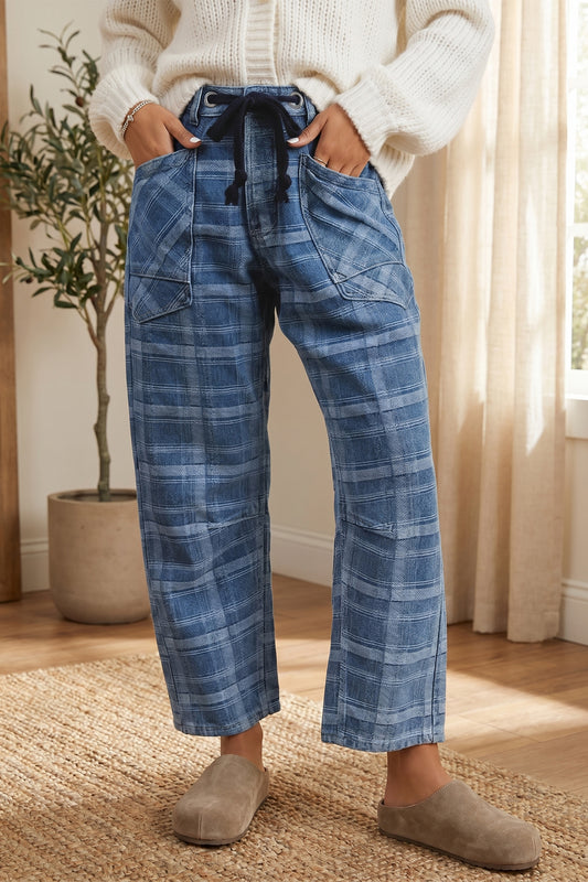Sky Blue Plaid Denim Grommet Drawstring Waist Ankle-Length Jeans-Bottoms/Jeans-[Adult]-[Female]-Sky Blue-4-2022 Online Blue Zone Planet