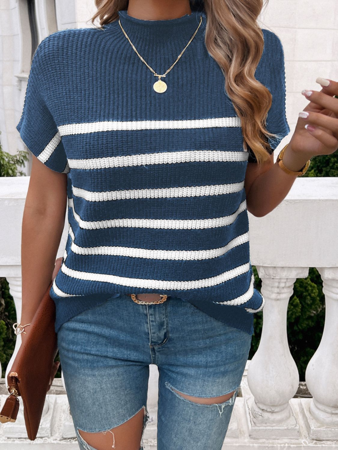 Striped Mock Neck Short Sleeve Sweater-TOPS / DRESSES-[Adult]-[Female]-2022 Online Blue Zone Planet