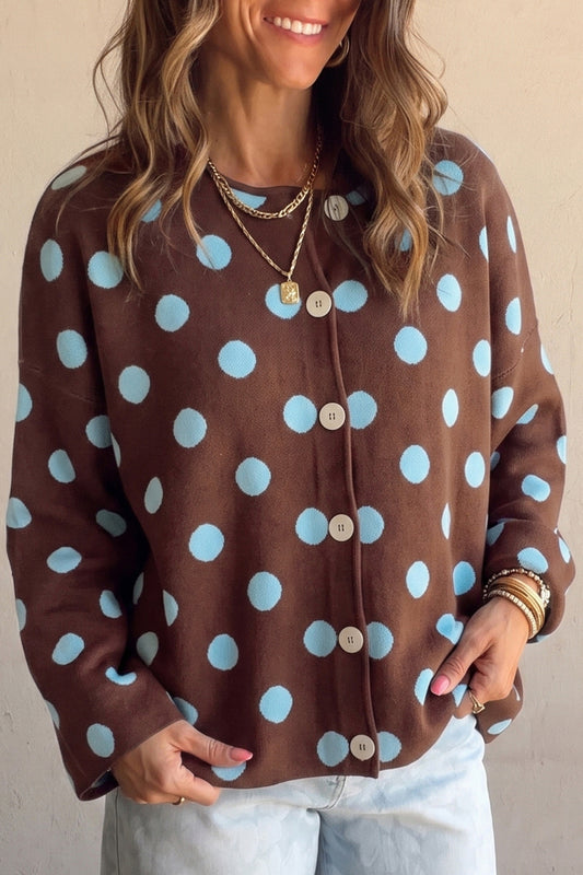Brown Polka Dot Button Down Dropped Shoulder Shift Cardigan-Sweaters & Cardigans/Cardigans-[Adult]-[Female]-Brown-S-2022 Online Blue Zone Planet
