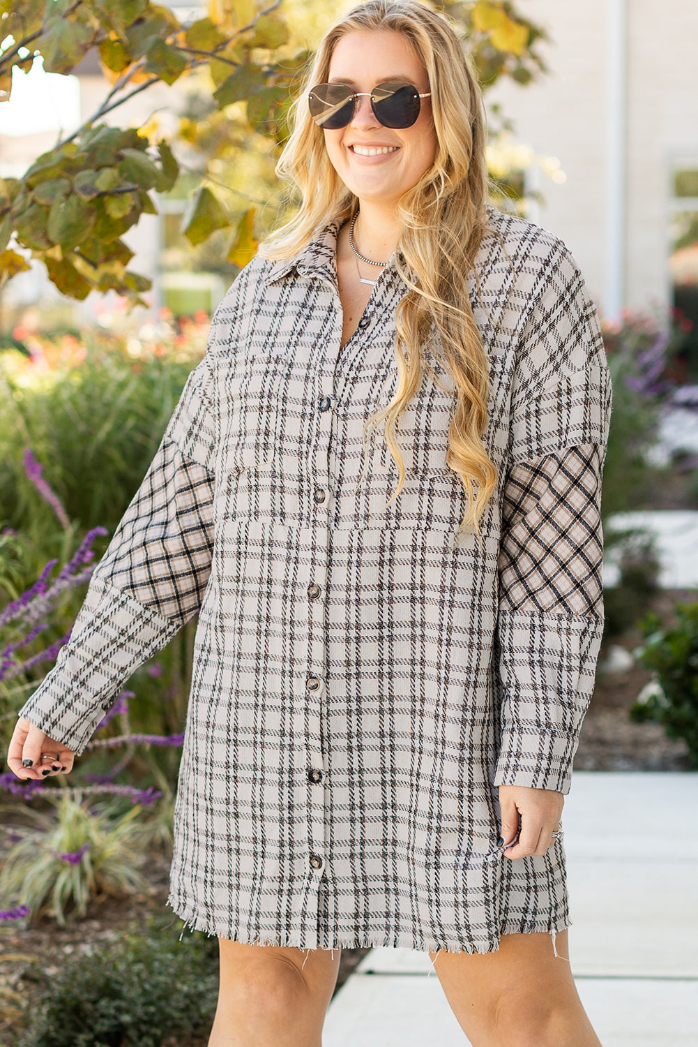 Blue Zone Planet | White Stripe Plus Size Plaid Buttoned Raw Hem Tunic Shirt Dress-TOPS / DRESSES-[Adult]-[Female]-2022 Online Blue Zone Planet