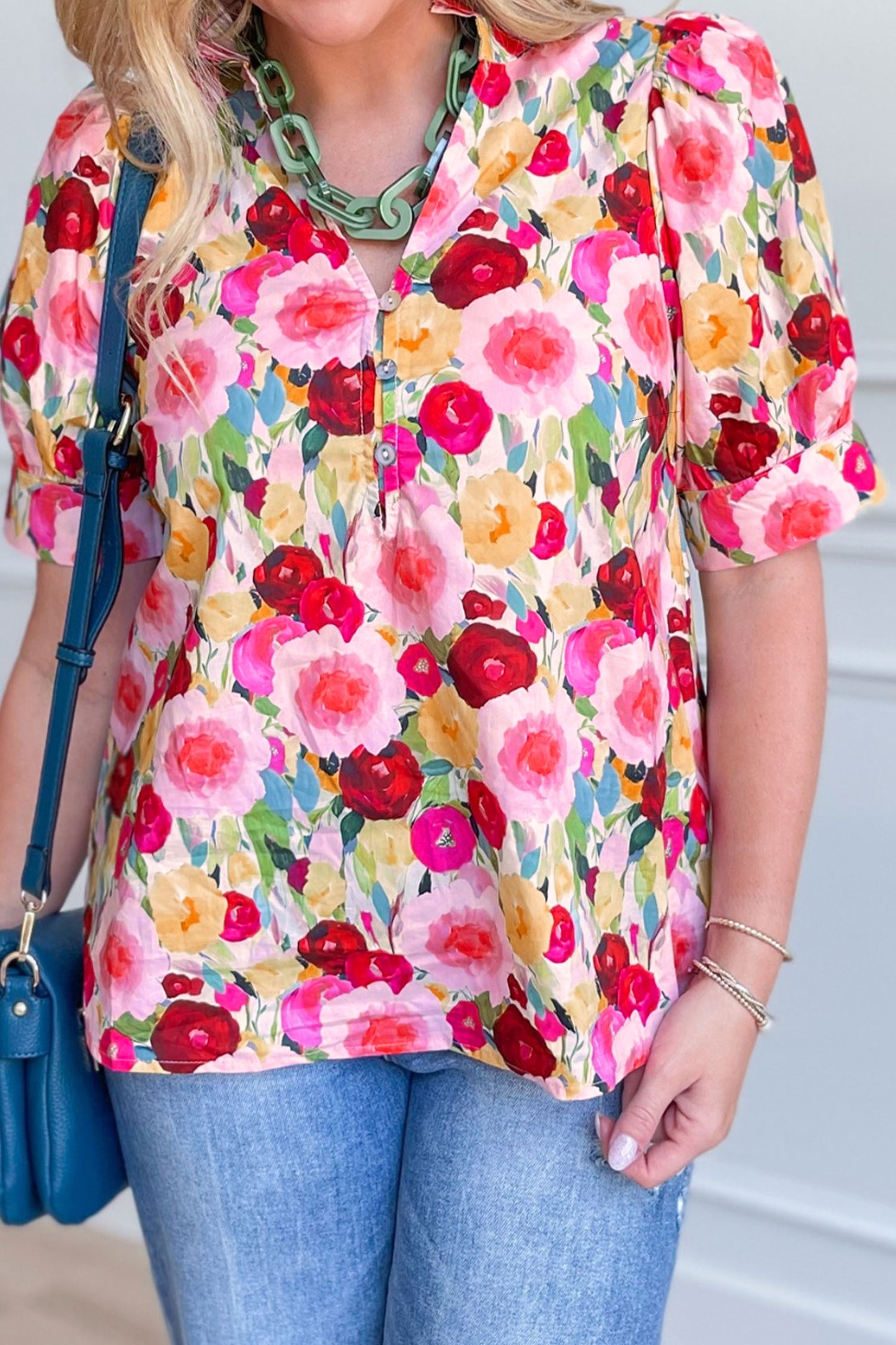 Pink Plus Size Flower Print Split V Neck Puff Short Sleeve Top-Plus Size/Plus Size Tops/Plus Size Blouses & Shirts-[Adult]-[Female]-2022 Online Blue Zone Planet