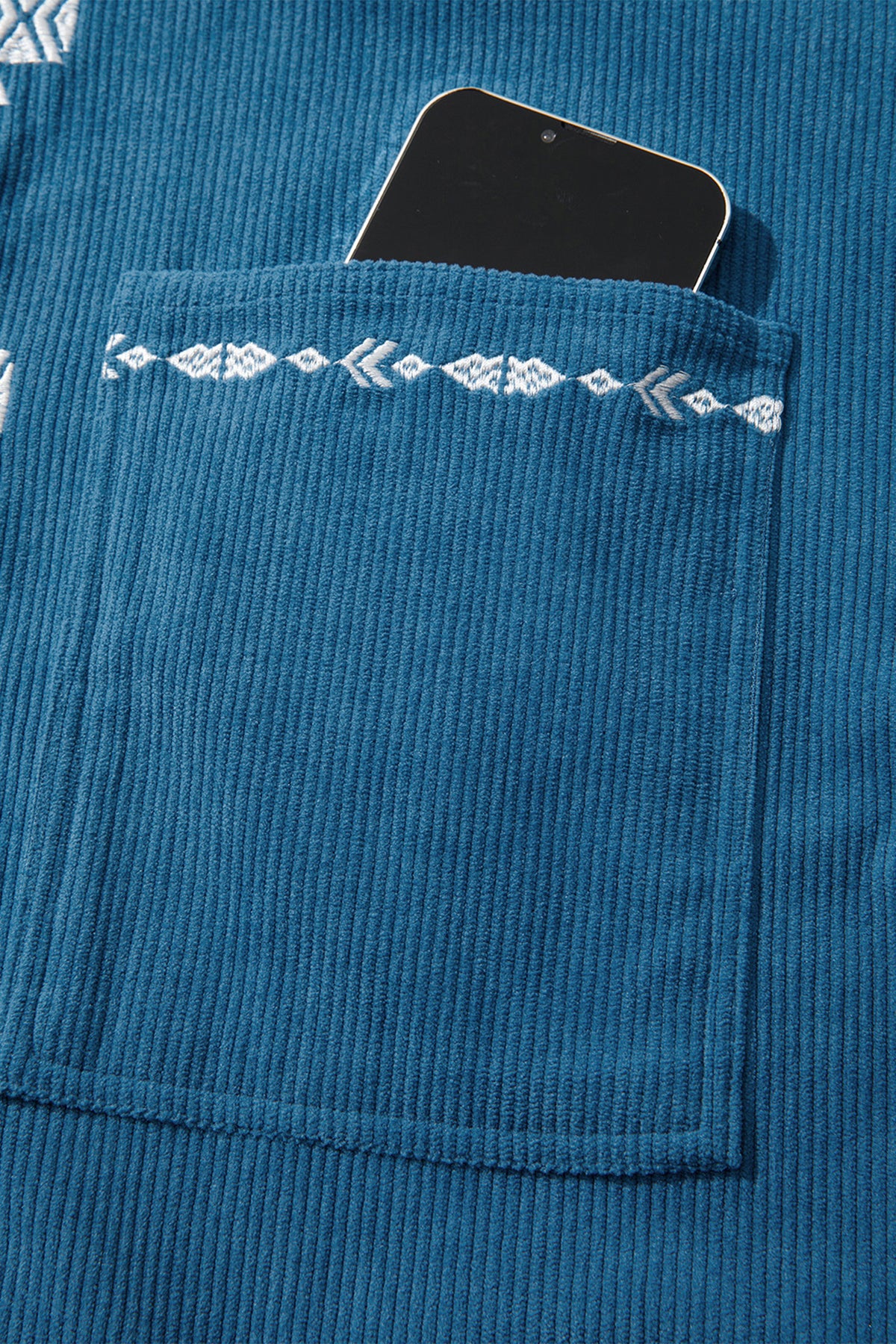 Blue Embroidered Corduroy V-Neck Long Sleeve Plus Size Shirt-Plus Size/Plus Size Outerwear-[Adult]-[Female]-2022 Online Blue Zone Planet