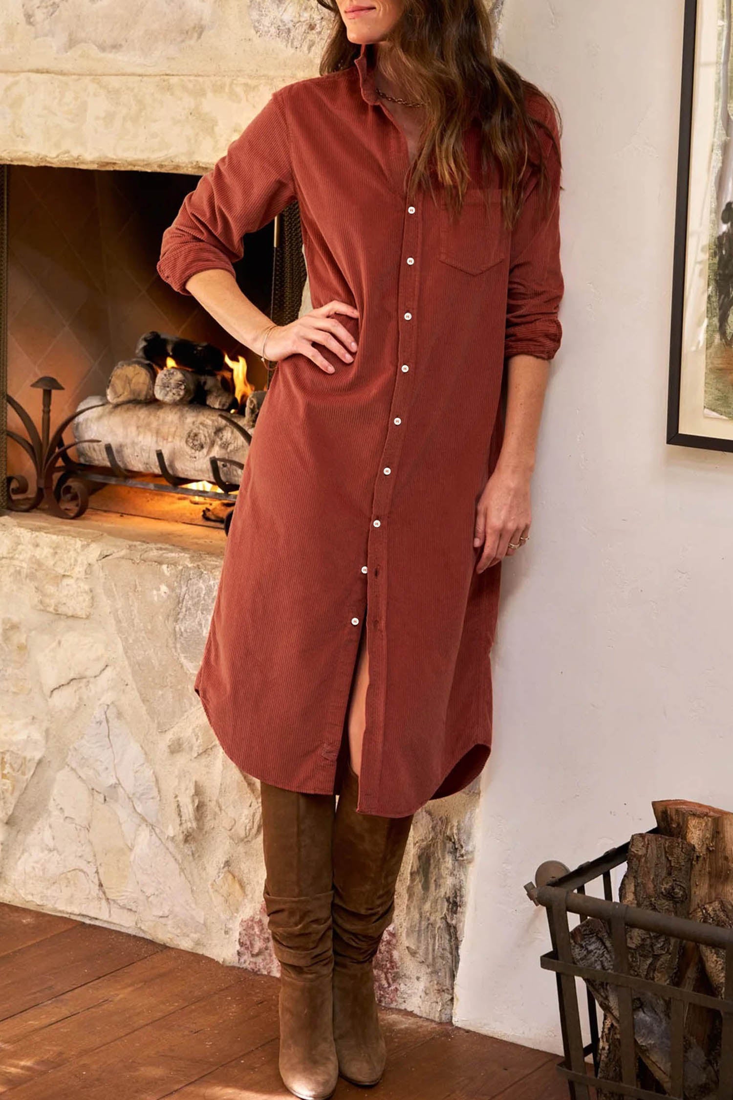 Clay Long Sleeve Button Down Corduroy Midi Length One Piece Dress-TOPS / DRESSES-[Adult]-[Female]-2022 Online Blue Zone Planet