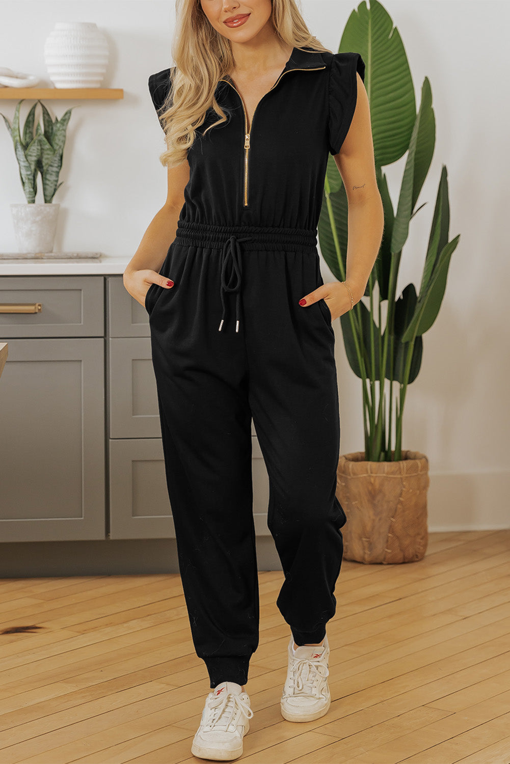 Blue Zone Planet | Black Zipper Flutter Sleeve Drawstring High Waist Jumpsuit-Bottoms/Jumpsuits & Rompers-[Adult]-[Female]-2022 Online Blue Zone Planet