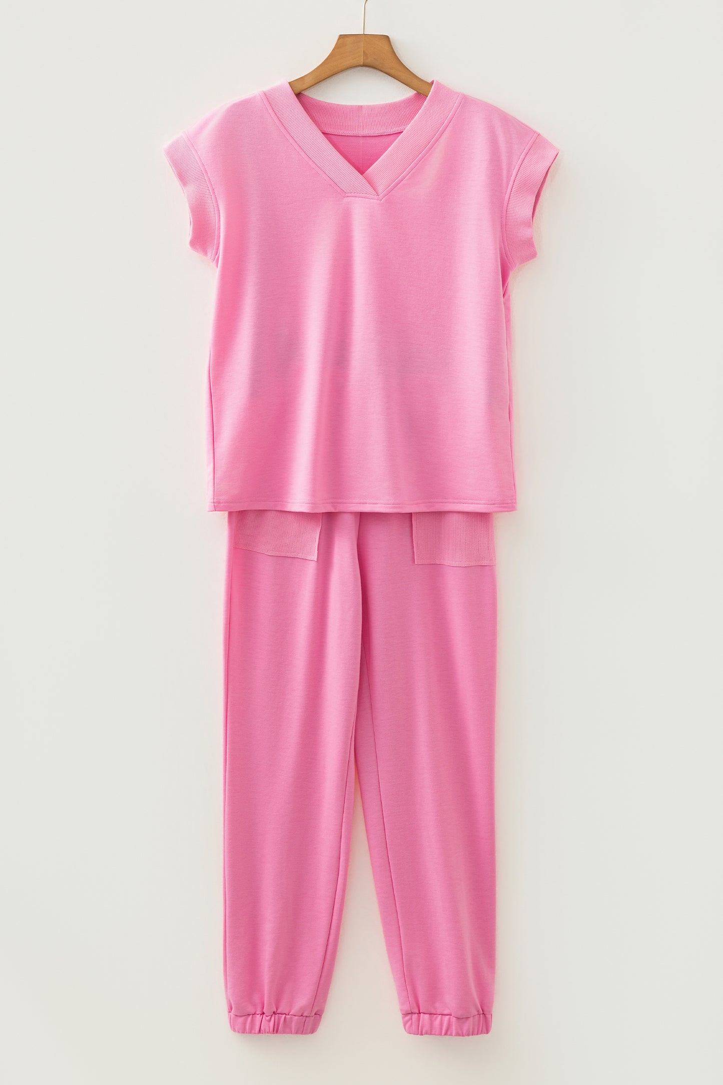 Bonbon Solid Color V Neck Tee Drawstring Pant Set-Two Piece Sets/Pant Sets-[Adult]-[Female]-2022 Online Blue Zone Planet