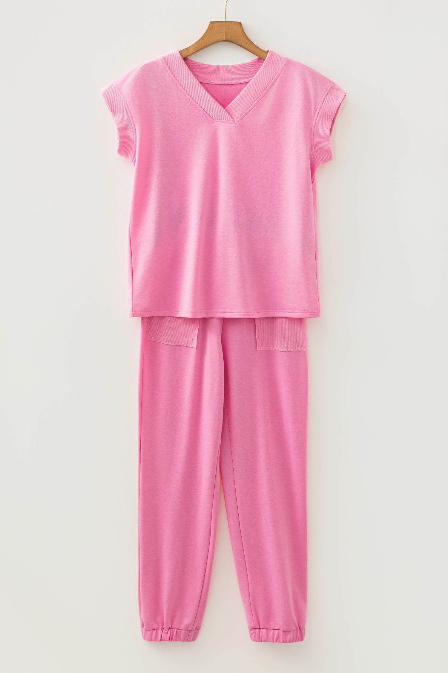 Bonbon Solid Color V Neck Tee Drawstring Pant Set-Two Piece Sets/Pant Sets-[Adult]-[Female]-2022 Online Blue Zone Planet