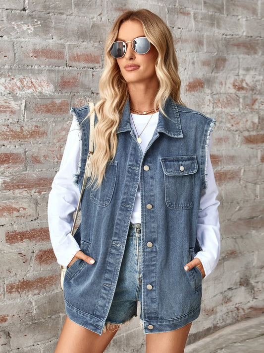 Raw Hem Sleeveless Button Up Denim Jacket-TOPS / DRESSES-[Adult]-[Female]-Dusty Blue-S-2022 Online Blue Zone Planet