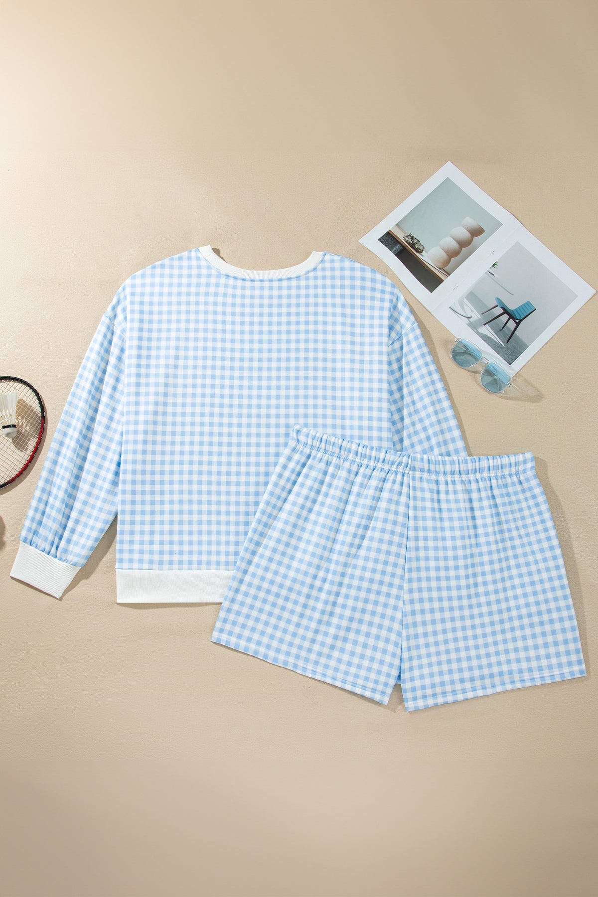 Sky Blue Gingham Loose Pullover Top Drawstring Shorts Plus Size Set-Plus Size/Plus Size Loungewear-[Adult]-[Female]-2022 Online Blue Zone Planet