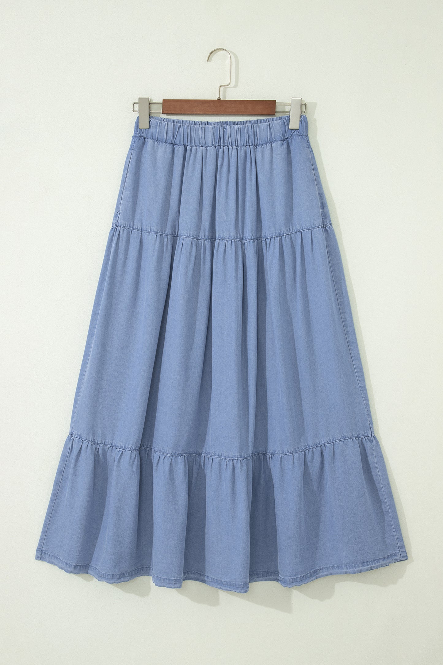 Beau Blue Elastic Waist Ruffled Tiered Flared Denim Maxi Skirt-Bottoms/Skirts & Petticoat-[Adult]-[Female]-2022 Online Blue Zone Planet