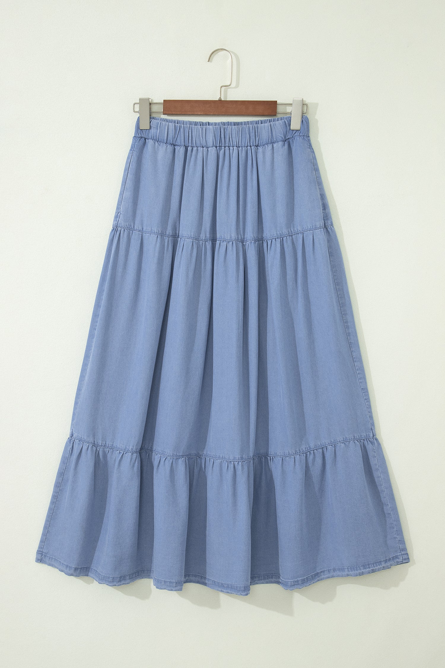 Beau Blue Elastic Waist Ruffled Tiered Flared Denim Maxi Skirt-Bottoms/Skirts & Petticoat-[Adult]-[Female]-2022 Online Blue Zone Planet