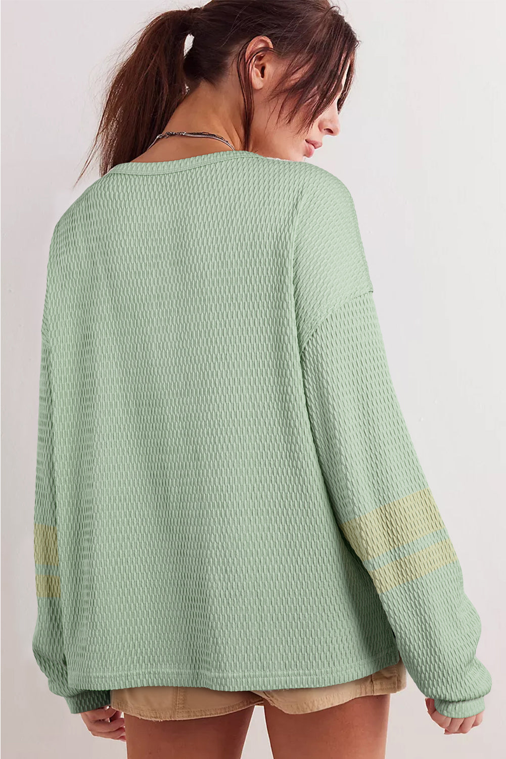 Meadow Mist Green Textured Knit Drop Shoulder Color Block Detail Long Sleeve Henley Top-Tops/Long Sleeve Tops-[Adult]-[Female]-2022 Online Blue Zone Planet