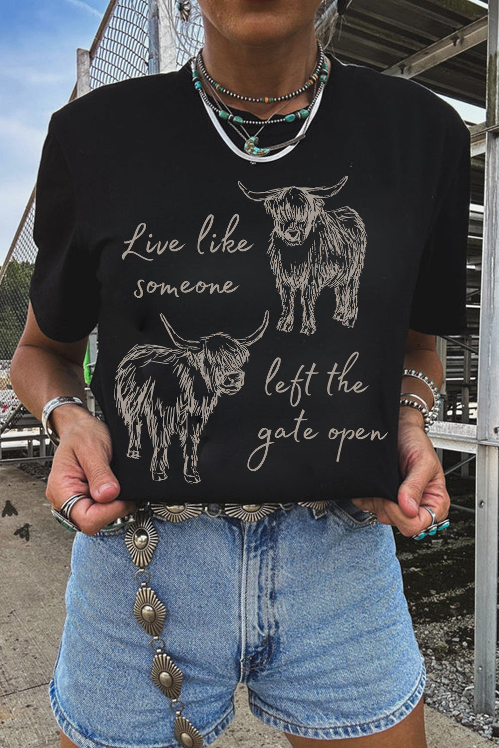 Black Western Cow Print Round Neck Casual Tee-Graphic/Graphic Tees-[Adult]-[Female]-Black-S-2022 Online Blue Zone Planet
