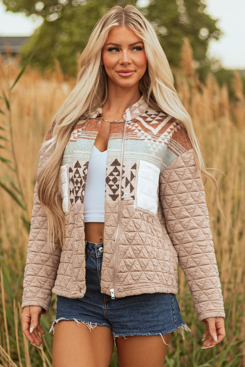 Light French Beige Aztec Quilted Patchwork Western Fashion Jacket-Outerwear/Jackets-[Adult]-[Female]-2022 Online Blue Zone Planet