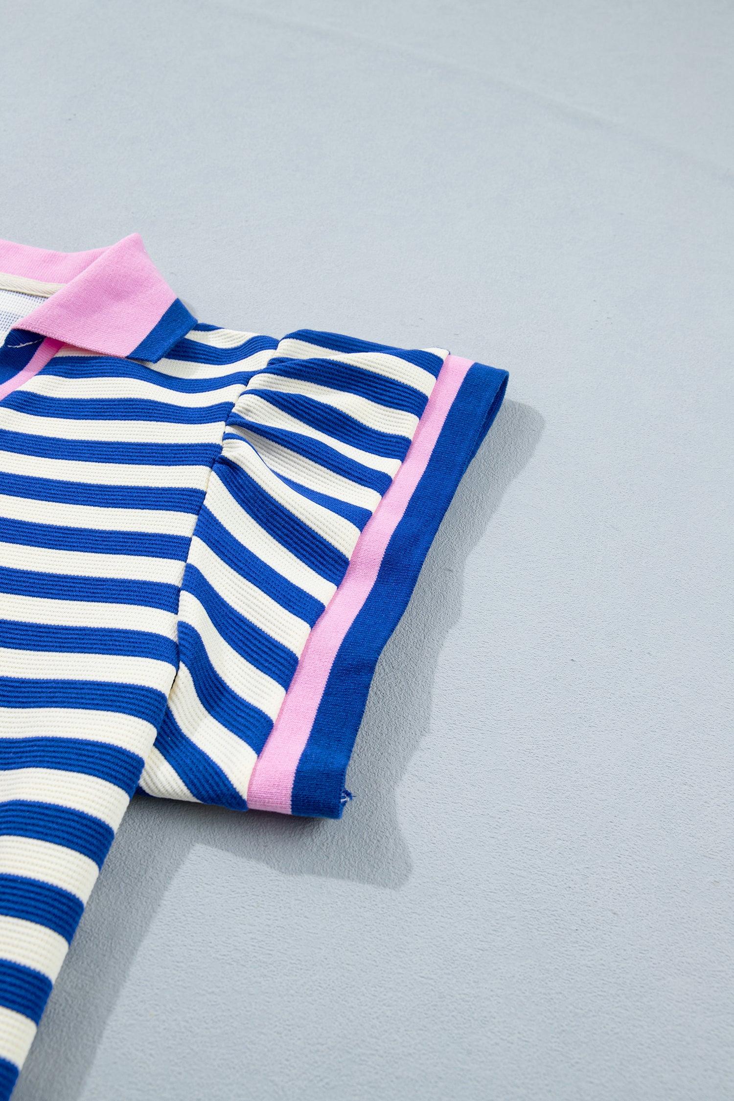 Rose Stripe Contrast Trim Polo Collar Ruffled Short Sleeve Blouse-Tops/Blouses & Shirts-[Adult]-[Female]-2022 Online Blue Zone Planet
