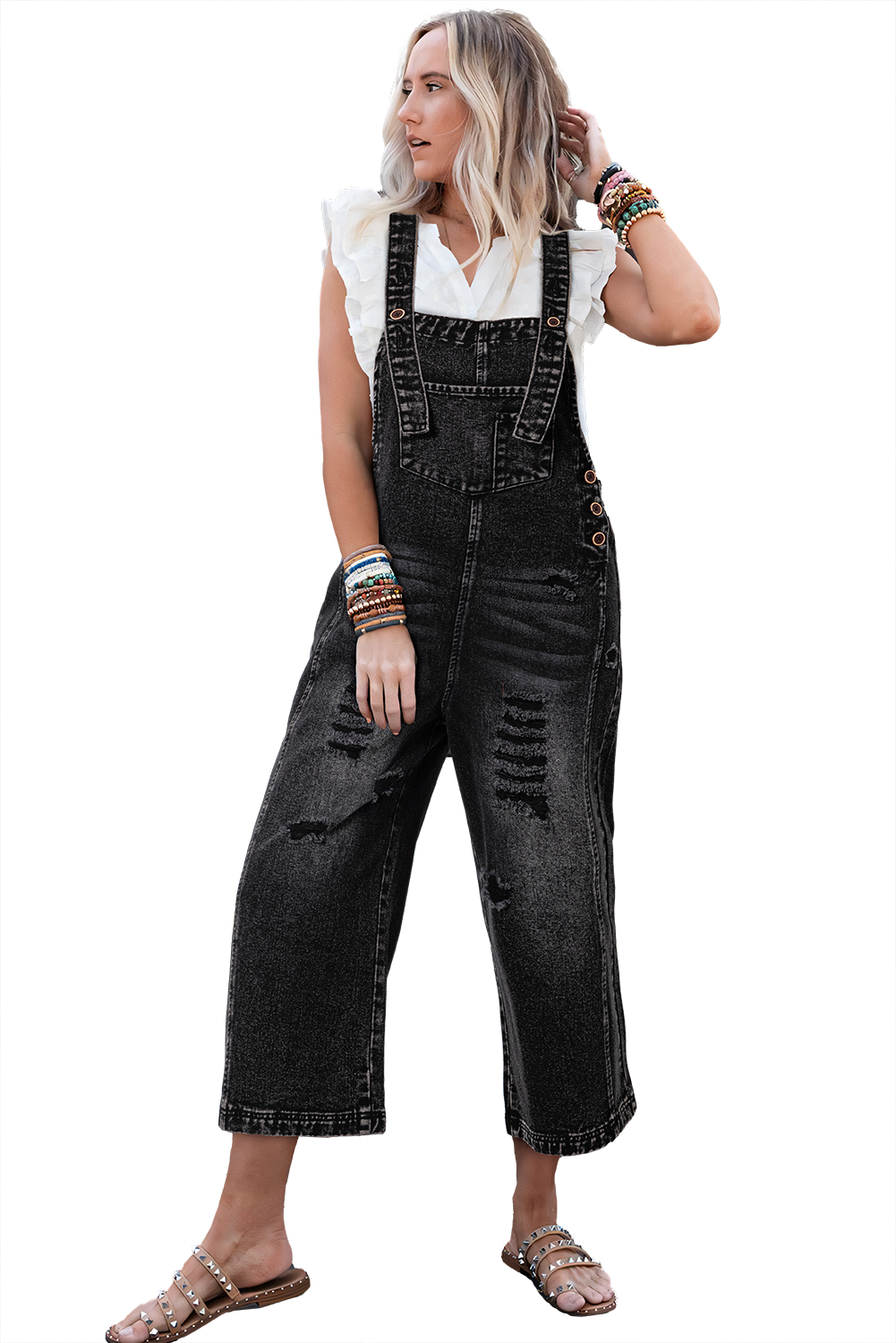 Blue Zone Planet | Stone Blue Distressed Bib Pocket Wide Leg Denim Overall-Bottoms/Jumpsuits & Rompers-[Adult]-[Female]-2022 Online Blue Zone Planet