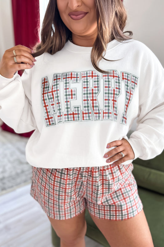 Multicolour MERRY Plaid Letter Print Long Sleeve Plus Size Top-Plus Size/Plus Size Tops/Plus Size Long Sleeve Tops-[Adult]-[Female]-Multicolour-1X-2022 Online Blue Zone Planet