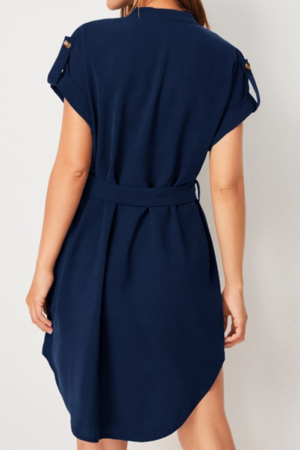 Raven's Tied Notched Short Sleeve V-Neck Mini Dress BLUE ZONE PLANET