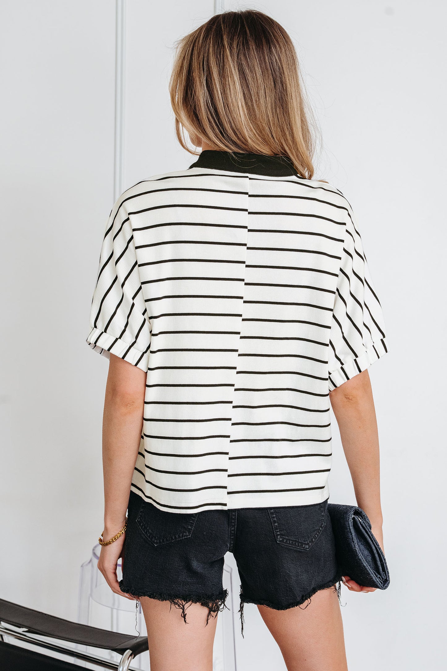 White Stripe Stand Collar V Neck Elastic Cuffs Half Sleeve Dolman Top-Tops/Blouses & Shirts-[Adult]-[Female]-2022 Online Blue Zone Planet