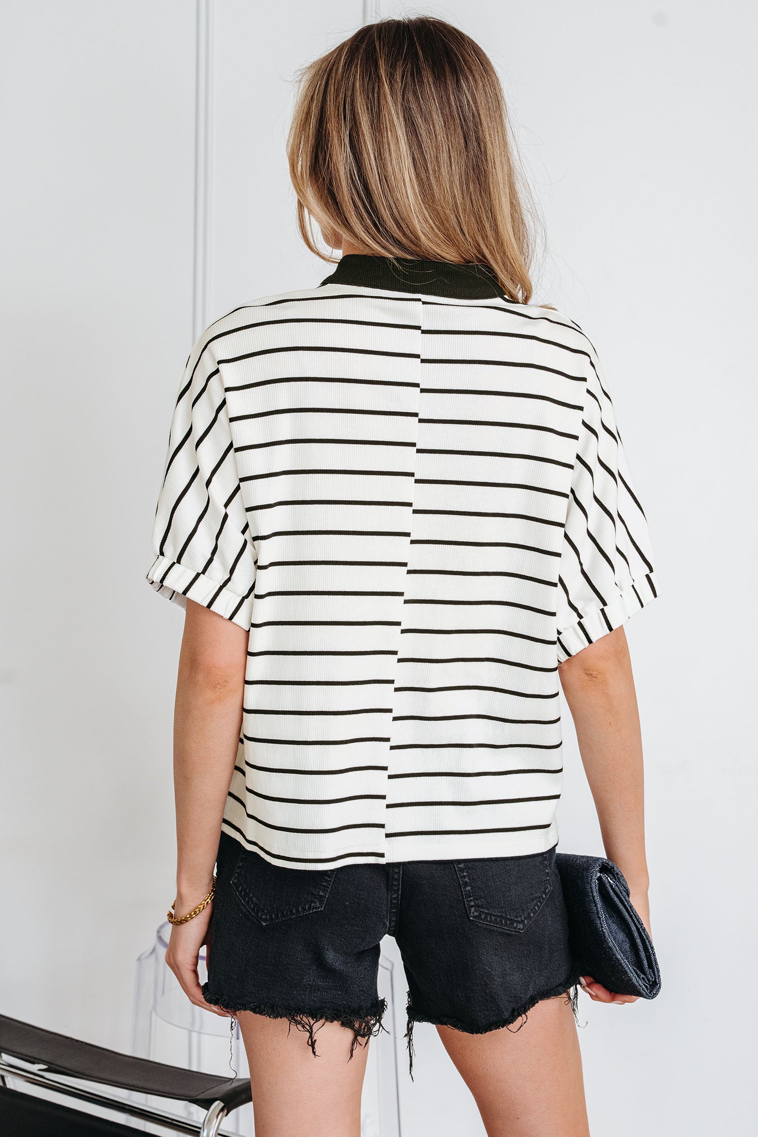 White Stripe Stand Collar V Neck Elastic Cuffs Half Sleeve Dolman Top-Tops/Blouses & Shirts-[Adult]-[Female]-2022 Online Blue Zone Planet