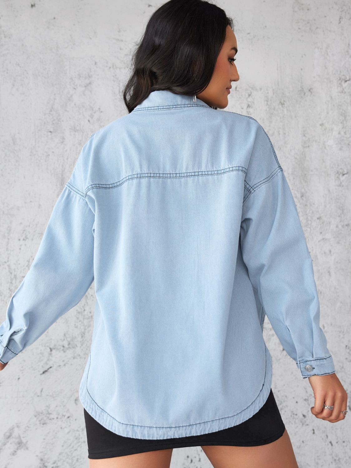 Collared Neck Button Up Long Sleeve Denim Shirt-TOPS / DRESSES-[Adult]-[Female]-2022 Online Blue Zone Planet