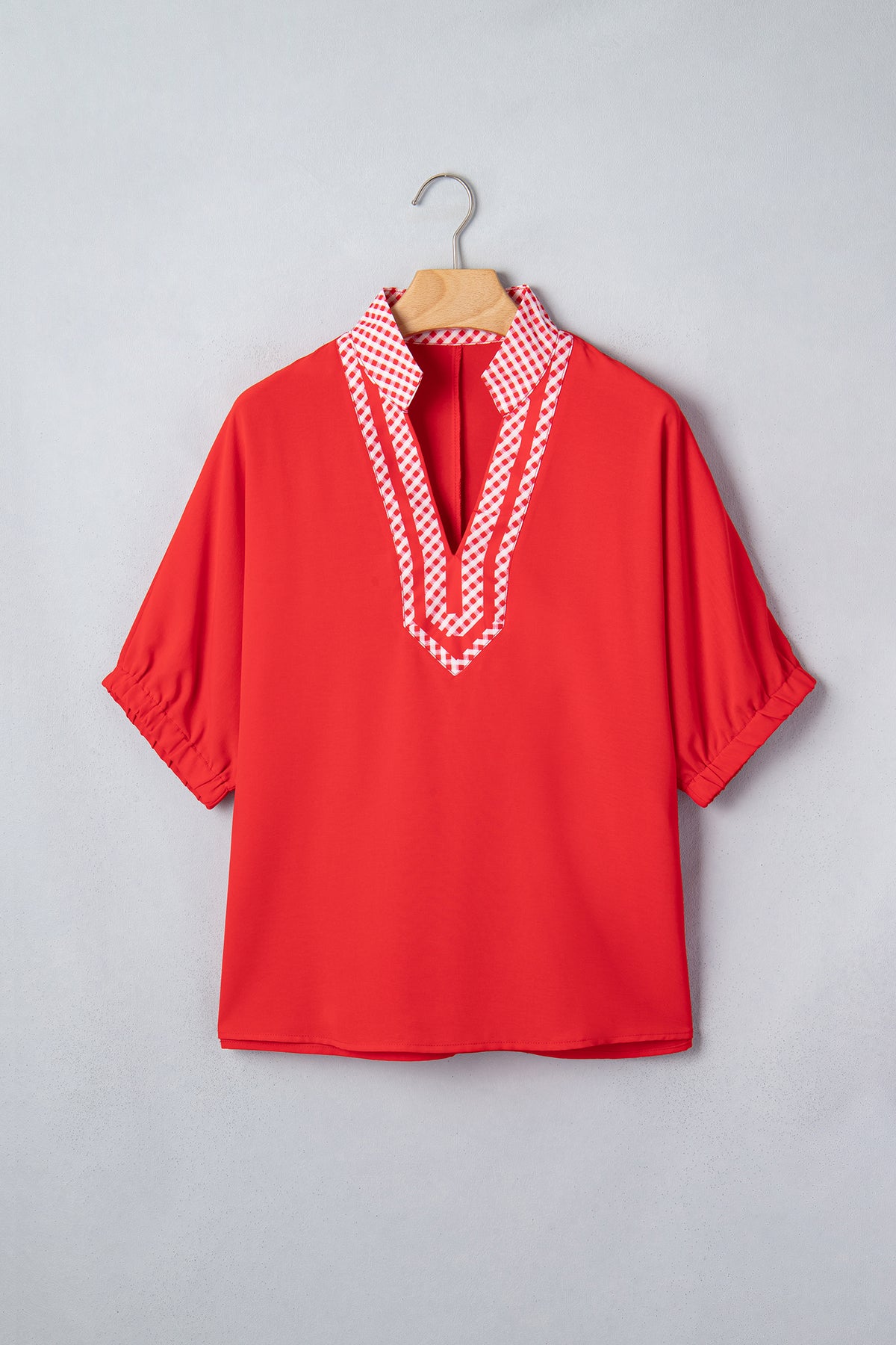 Red V Neck Plaid Collar Short Sleeve Tunic Blouse-Tops/Blouses & Shirts-[Adult]-[Female]-2022 Online Blue Zone Planet