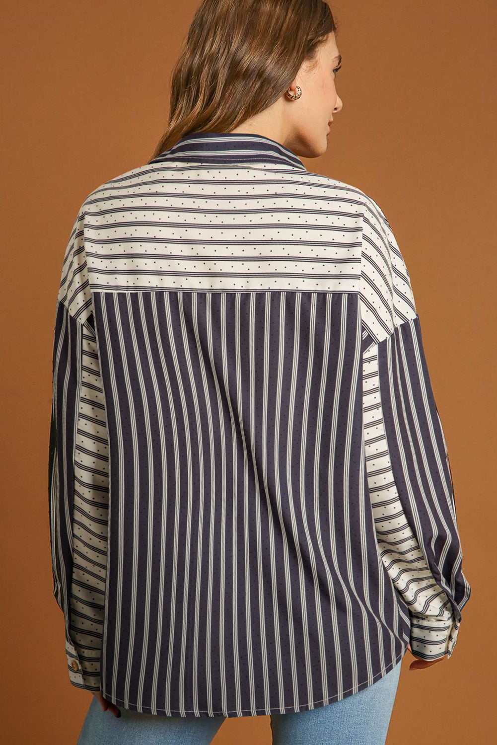 Blue Zone Planet | Black Stripe 2-tone Patchwork Half Buttons Chest Pockets Casual Blouse-Tops/Blouses & Shirts-[Adult]-[Female]-2022 Online Blue Zone Planet