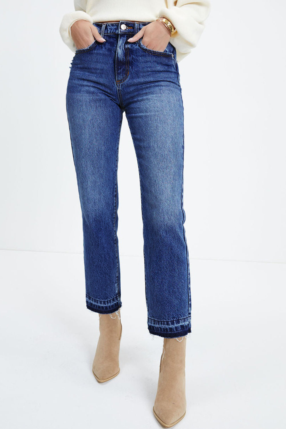 Dark Blue Whiskered Wash Raw Hem Cropped Jeans-Bottoms/Jeans-[Adult]-[Female]-Dark Blue-4-2022 Online Blue Zone Planet