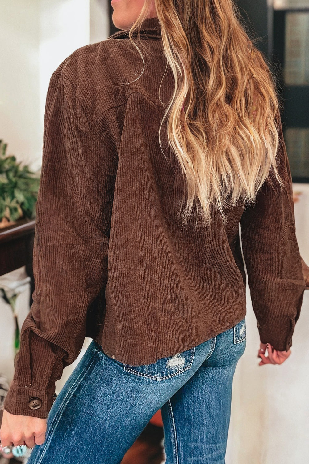Coffee Floral Embroidered Collar Button Front Corduroy Jacket With Pocket-Outerwear/Jackets-[Adult]-[Female]-2022 Online Blue Zone Planet