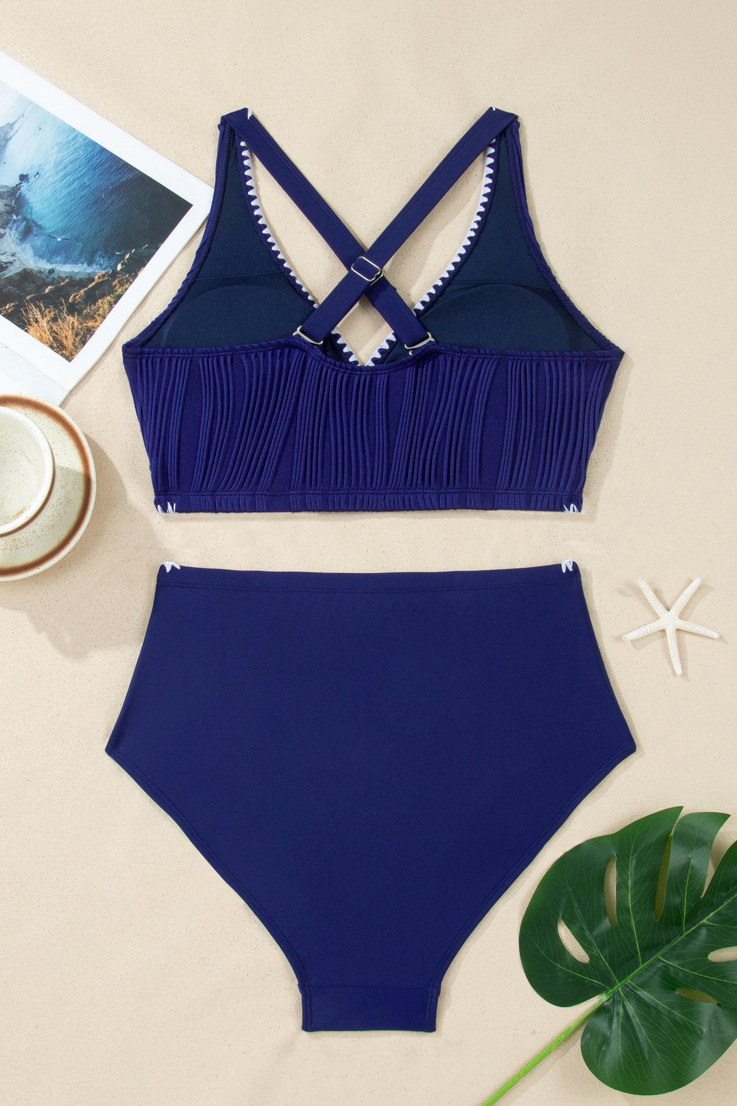 Dark Blue Shell Stitched Trim V Neck Textured Mix and Match High Waist Bikinis-Swimwear/Bikinis-[Adult]-[Female]-2022 Online Blue Zone Planet