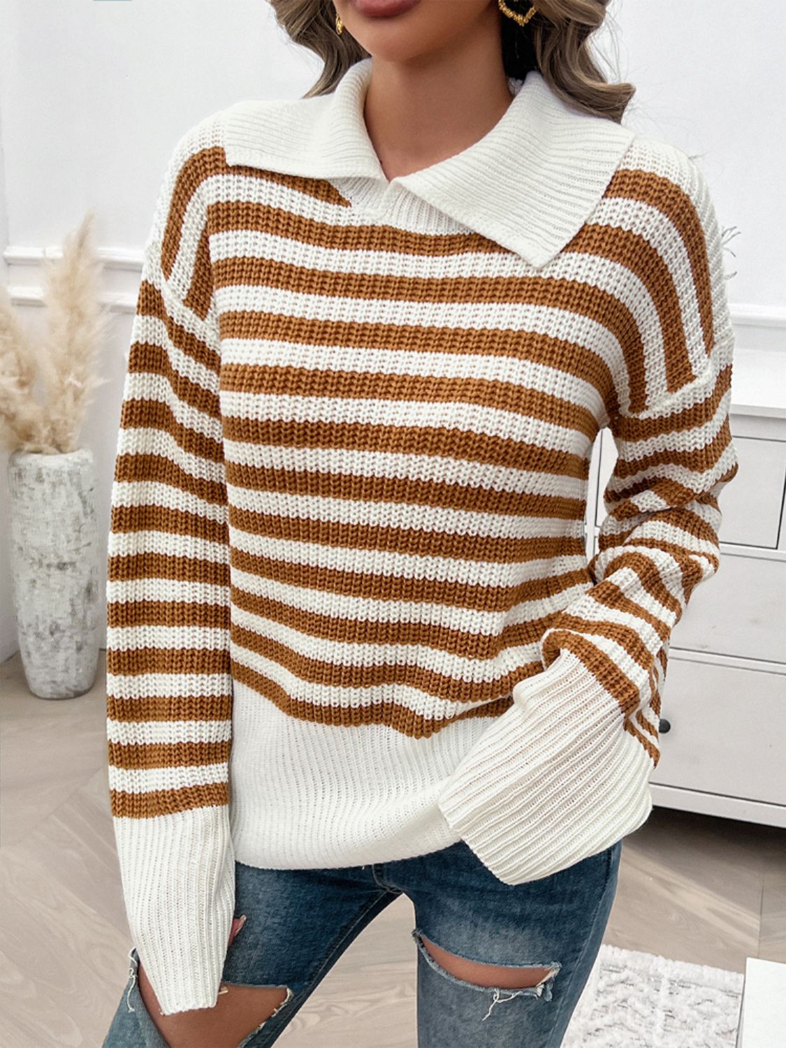 Striped Collared Neck Long Sleeve Sweater-TOPS / DRESSES-[Adult]-[Female]-2022 Online Blue Zone Planet