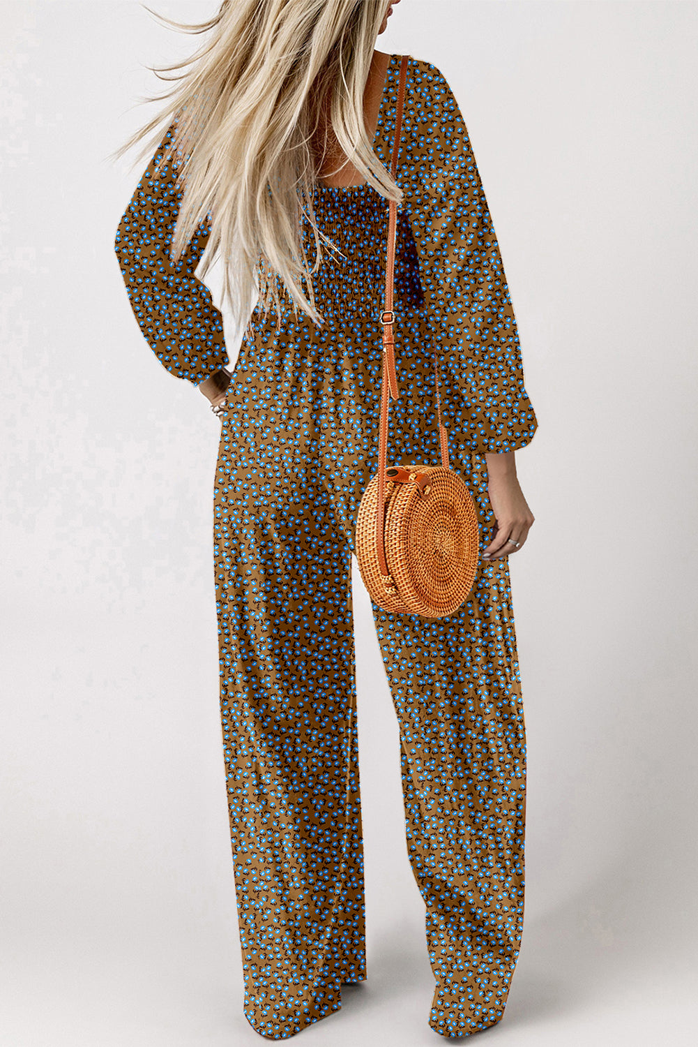 Green Floral Print Western Smocked Bodice Square Neck Wide Leg Jumpsuit-Bottoms/Jumpsuits & Rompers-[Adult]-[Female]-2022 Online Blue Zone Planet